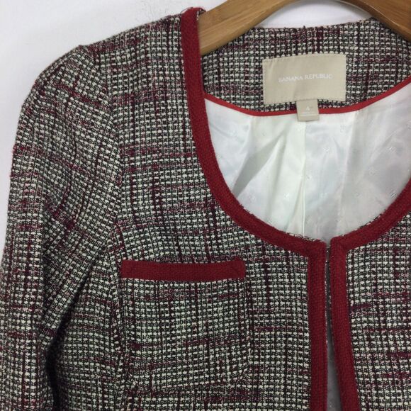 Banana Republic Womens Collarless Open Tweed Blazer Jacket Brown w/ Red Trim 4 - Picture 2 of 12